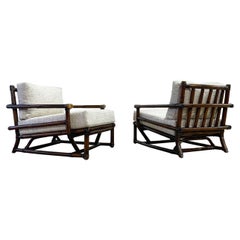 Pair McGuire Midcentury Organic Modern Oversized Rattan Leather Lounge Chairs