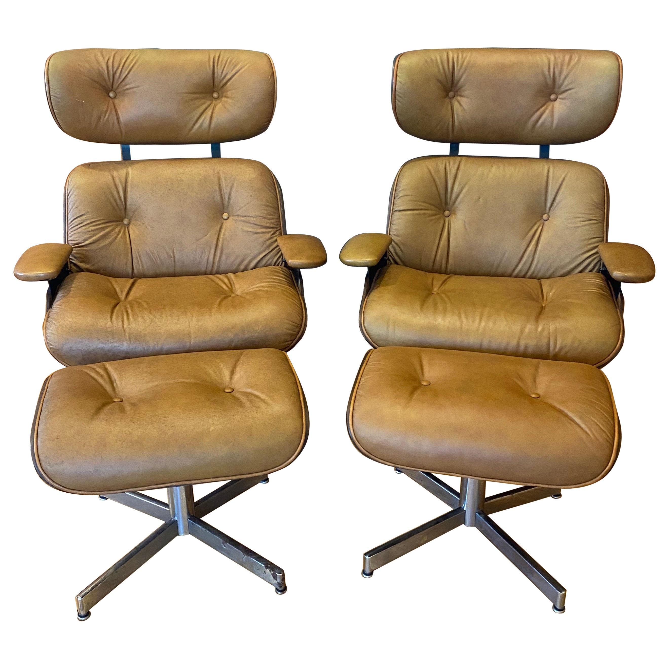 Mid-Century Leather Eames Style Lounge Chair and Ottoman Set by Selig, a  Pair at 1stDibs | mid century eames chair, eames type lounge chair, selig eames  chair