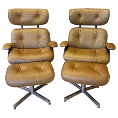 Mid-Century Leather Eames Style Lounge Chair and Ottoman Set by Selig, a Pair