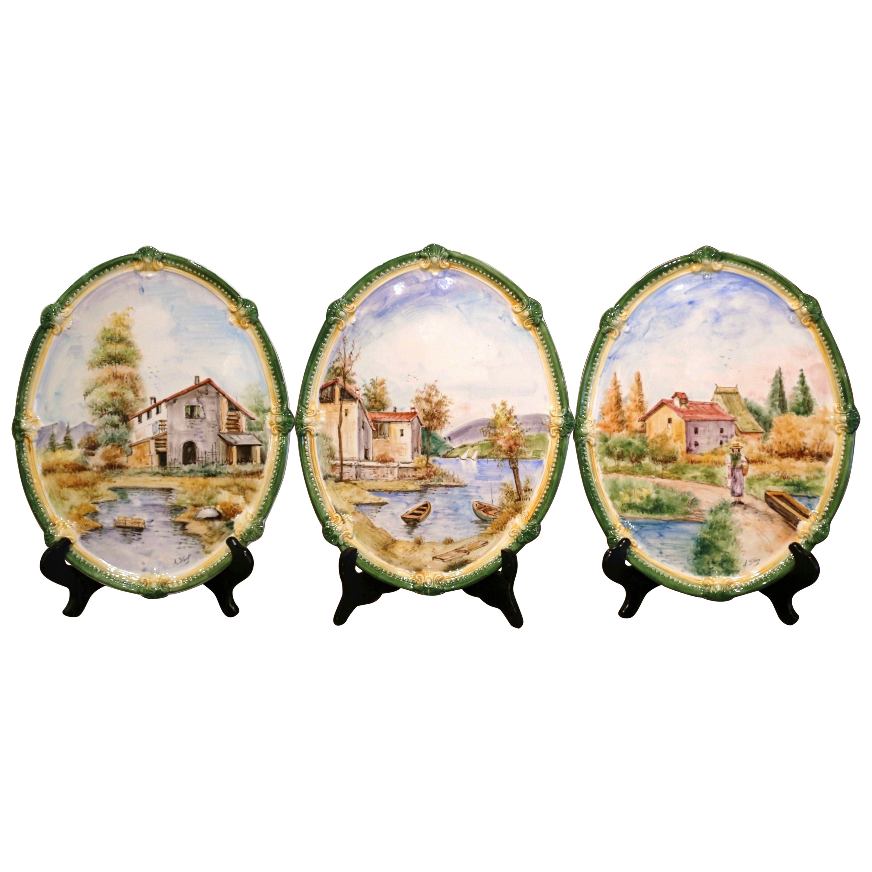 Set of Three Italian Hand Painted Faience Oval Decorative Wall Plaques For Sale