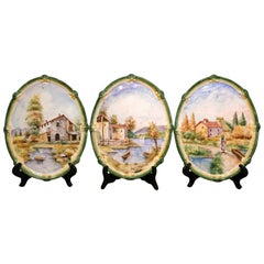 Vintage Set of Three Italian Hand Painted Faience Oval Decorative Wall Plaques