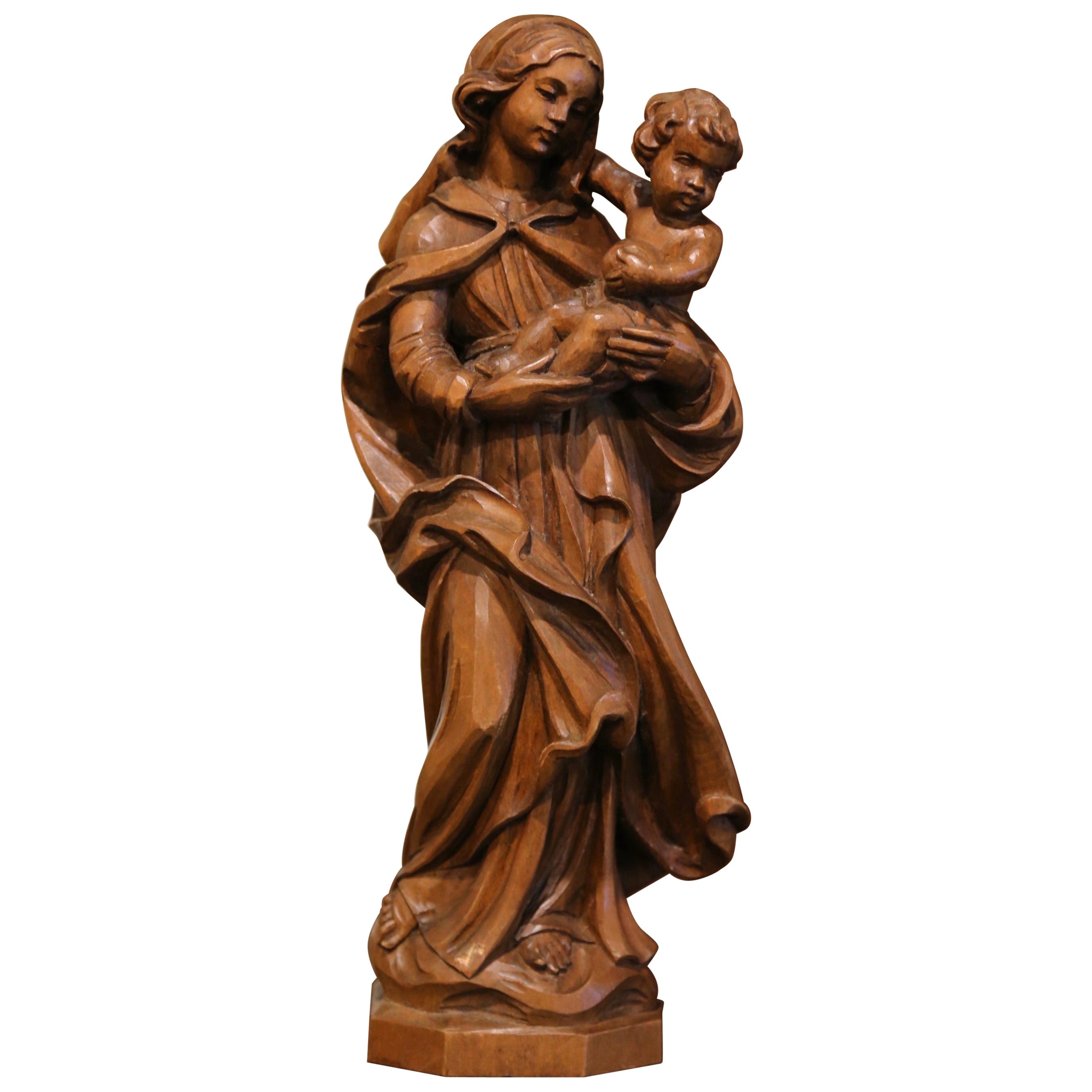 Mid-Century, French Hand Carved Walnut Statue of The Virgin Mary and Child