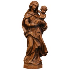 Vintage Mid-Century, French Hand Carved Walnut Statue of The Virgin Mary and Child