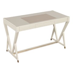 Modern Leather Top Writing Desk Vanity in Cream Lacquered Finish