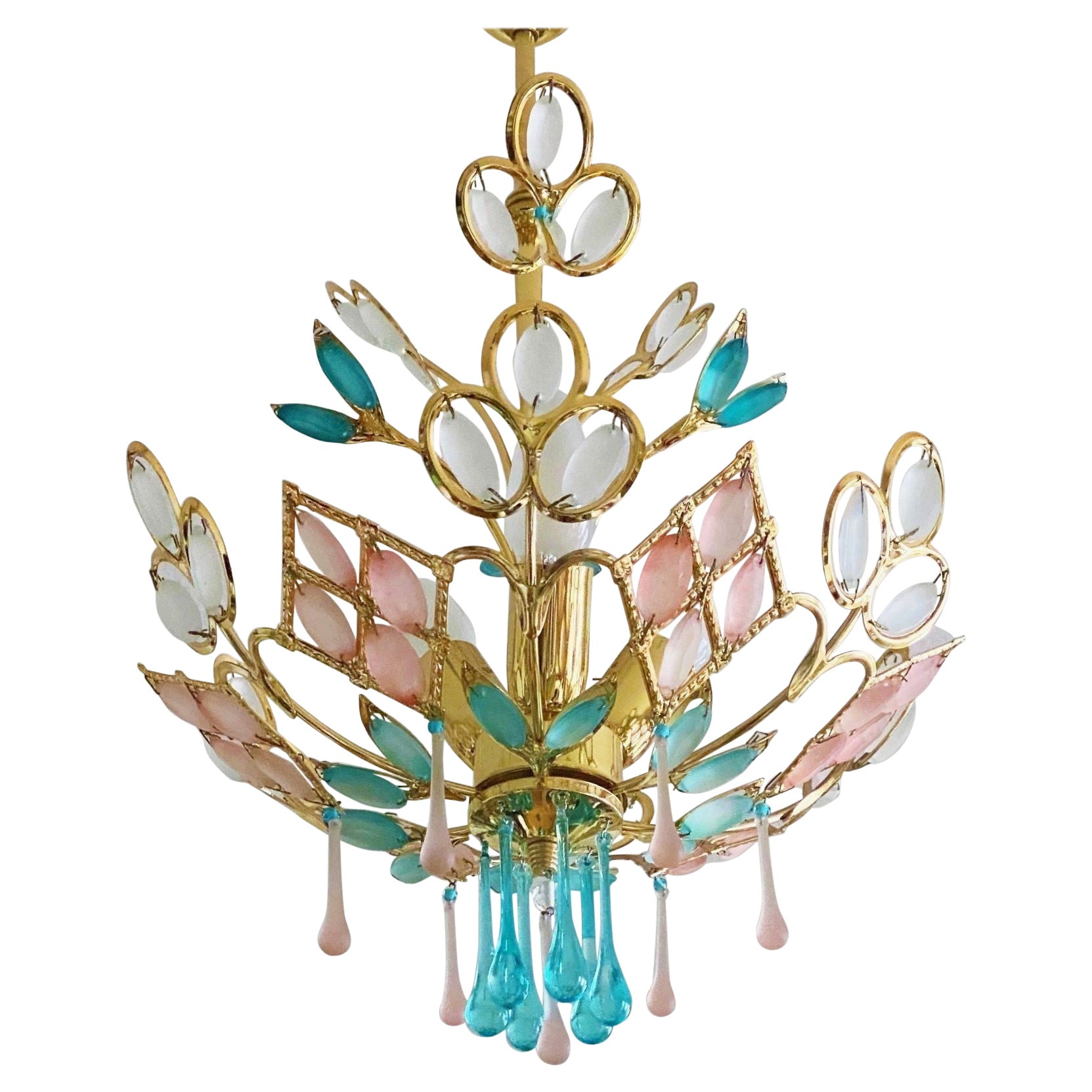 Arte Deco Colored Murano Glass and Gilt Brass Chandelier, Italy, 1960s