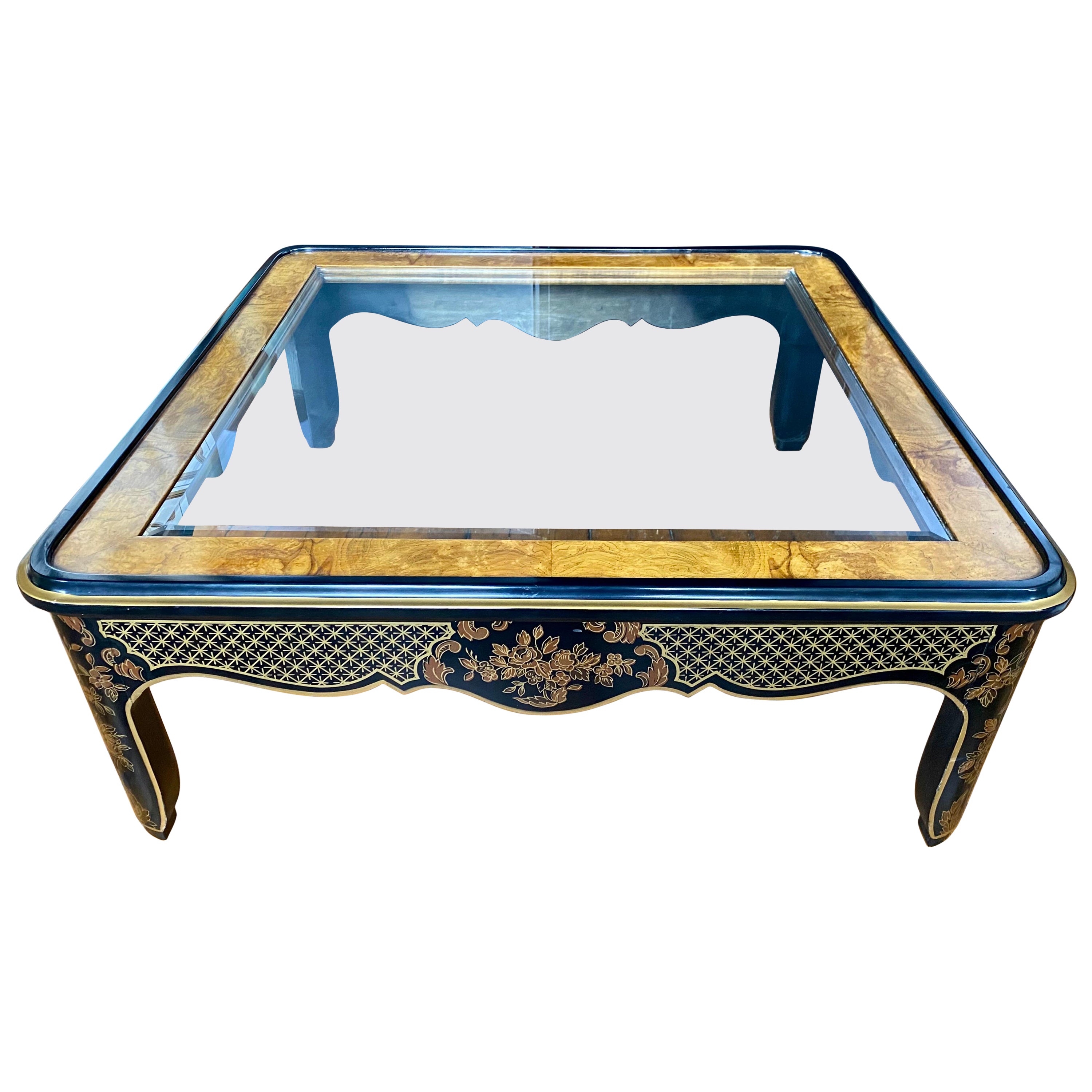Table basse carrée noire et dorée de style Hollywood Regency Chinoiserie, Drexel Et Cetera