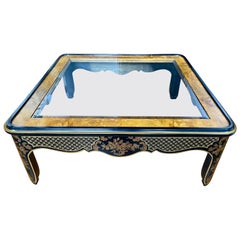 Retro Hollywood Regency Chinoiserie Black & Gold Square Coffee Table, Drexel Et Cetera