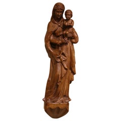 Estatua de Pared de la Virgen María y el Niño de mediados de siglo, francesa, tallada a mano en nogal