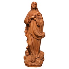 Mid-Century, French Hand Carved Walnut Statue of the Virgin Mary in Prayer