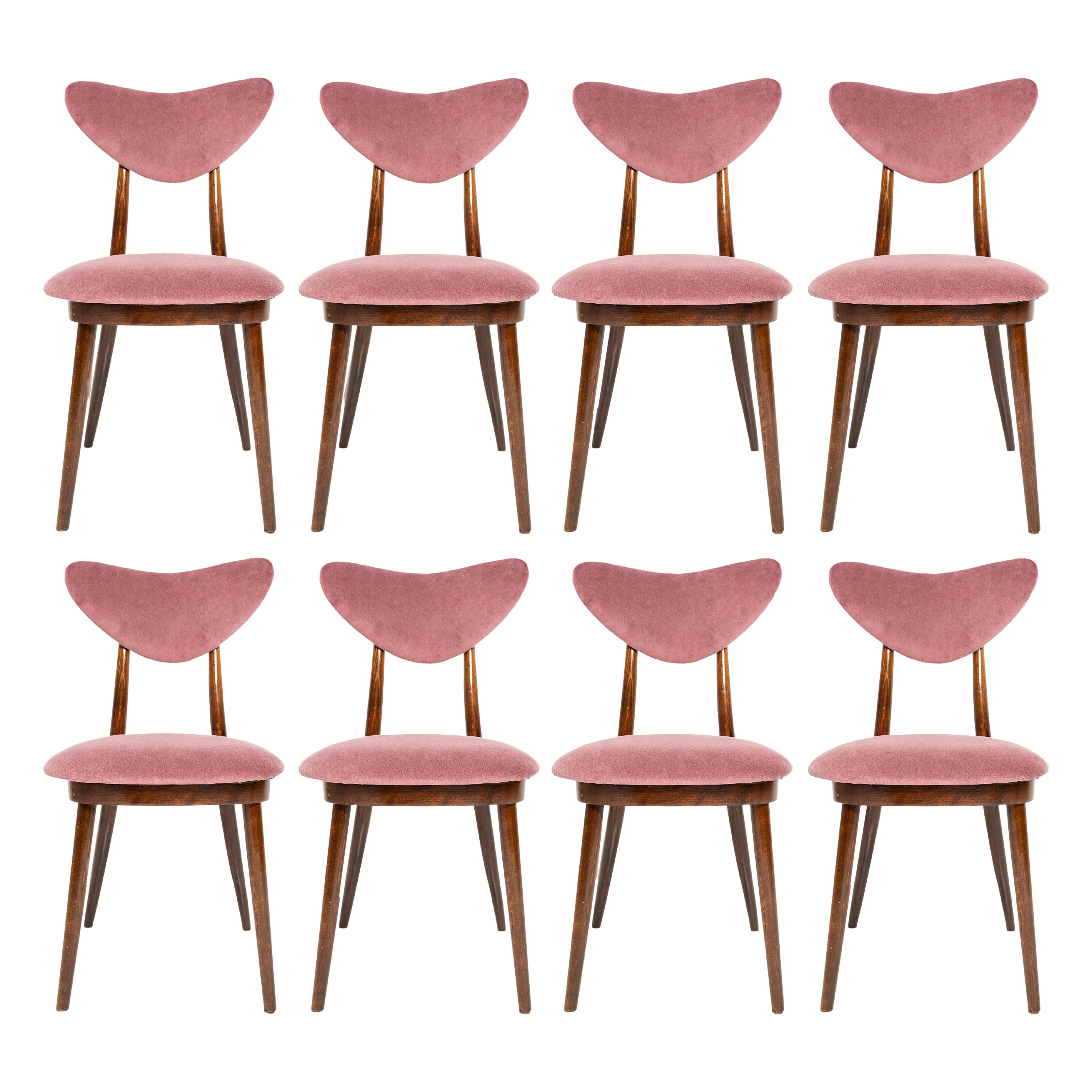 Ensemble de huit chaises à cœur en velours de coton bordeaux du milieu du siècle, Europe, années 1960