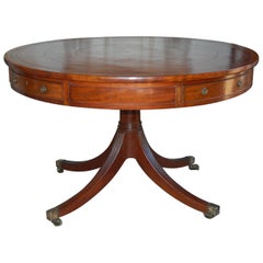 English Regency Mahogany Drum or Library Table with Leather Inset, Pedestal Base