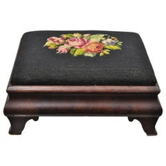 Antique Empire Crotch Mahogany Black Needlepoint Small Ottoman Footstool