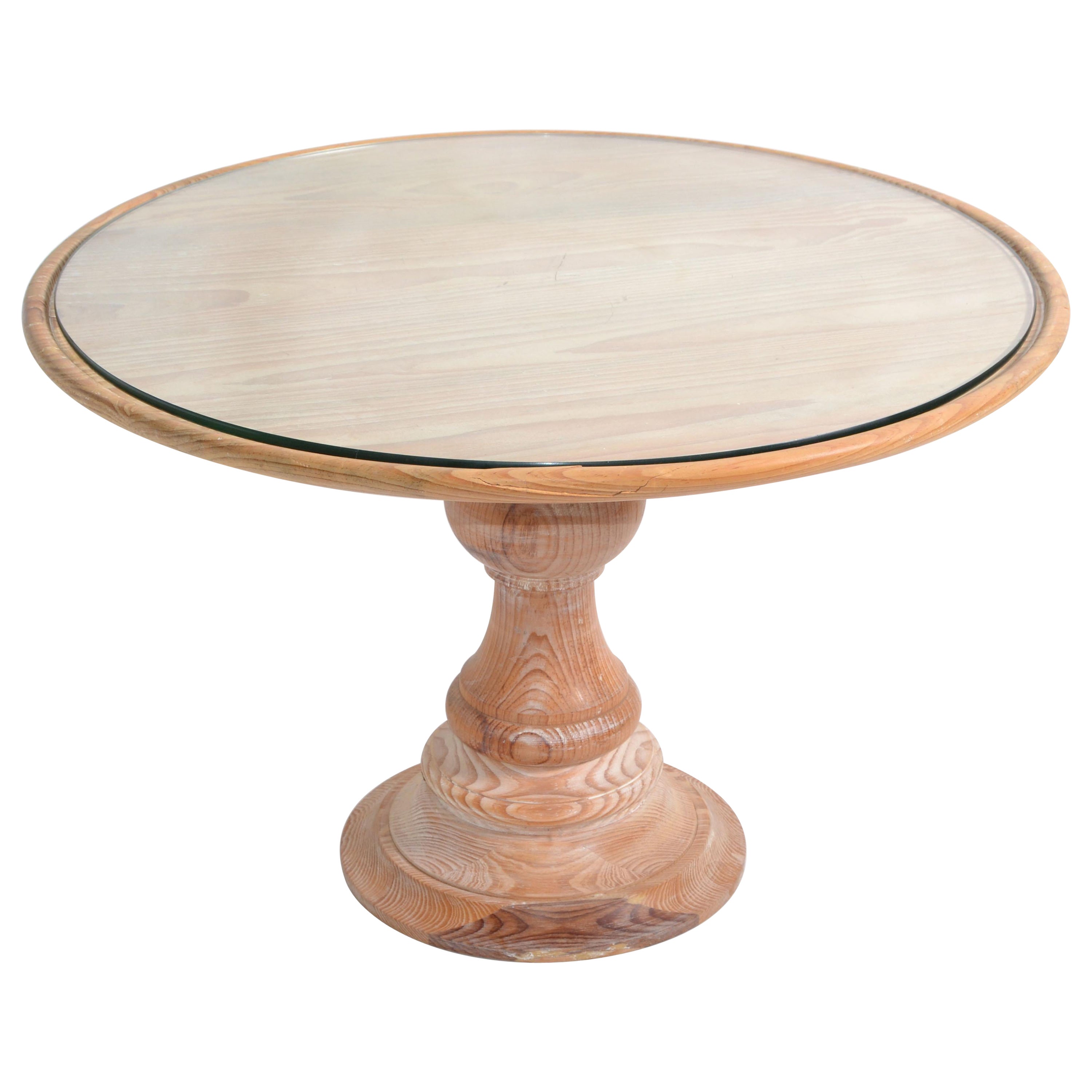 American Round Mid-Century Modern Turned Bleach Oak Wood & Glass Coffee Table For Sale