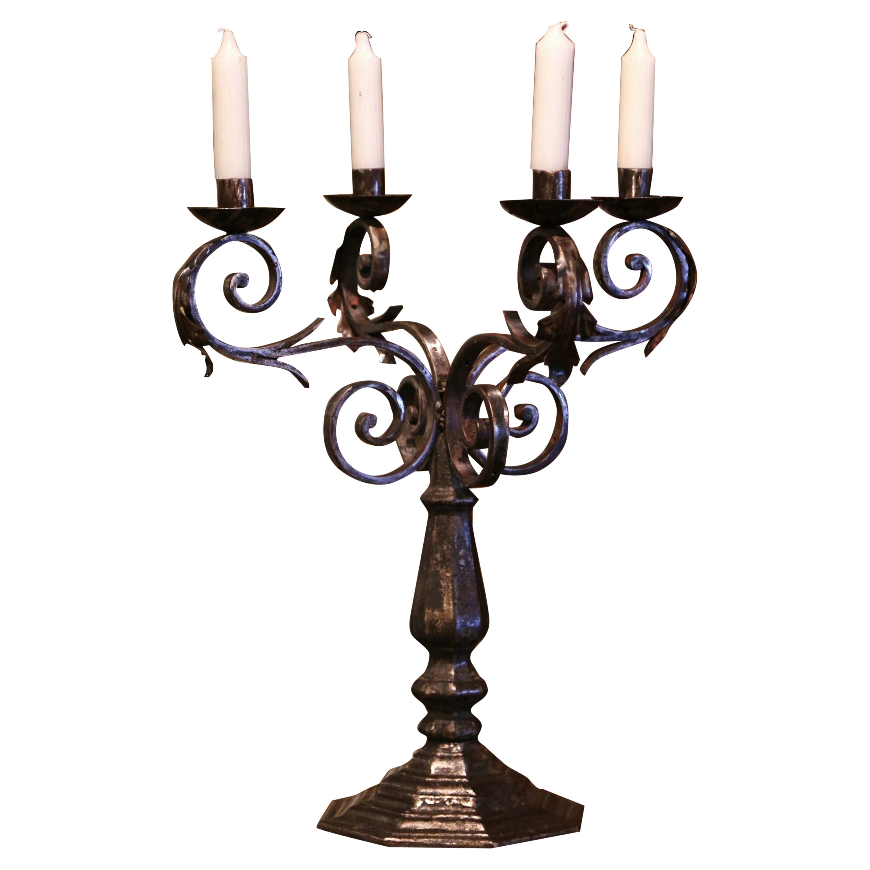 18th Century French Louis XIV Polished Wrought Iron Four-Light Candelabra For Sale