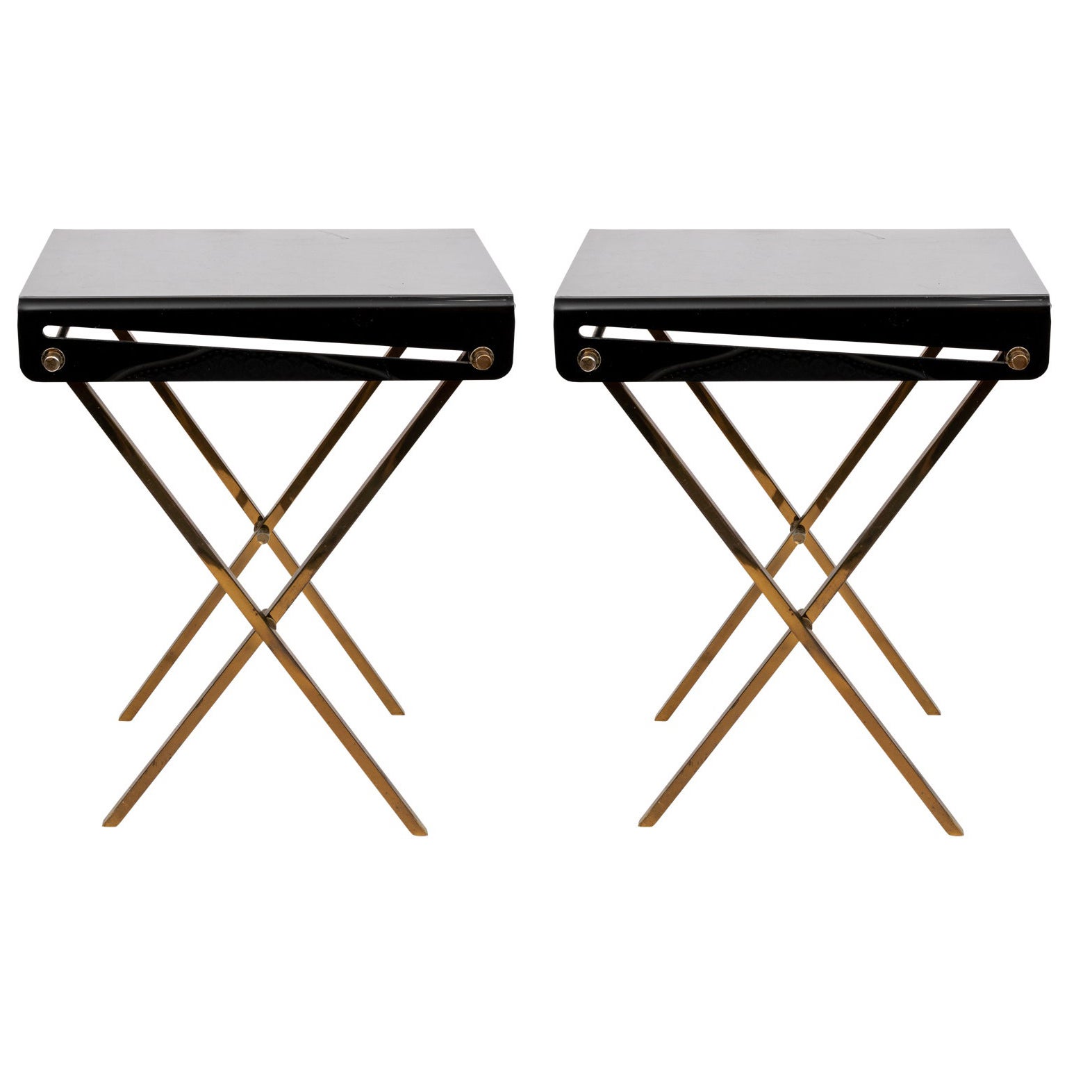 Pair of Mid-Century Modern Black Lucite and Brass Tray Tables For Sale