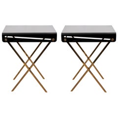 Pair of Mid-Century Modern Black Lucite and Brass Tray Tables