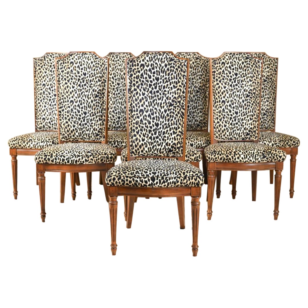 French High Back Leopard Print Ultra Suede Dining Chairs, Set of 8