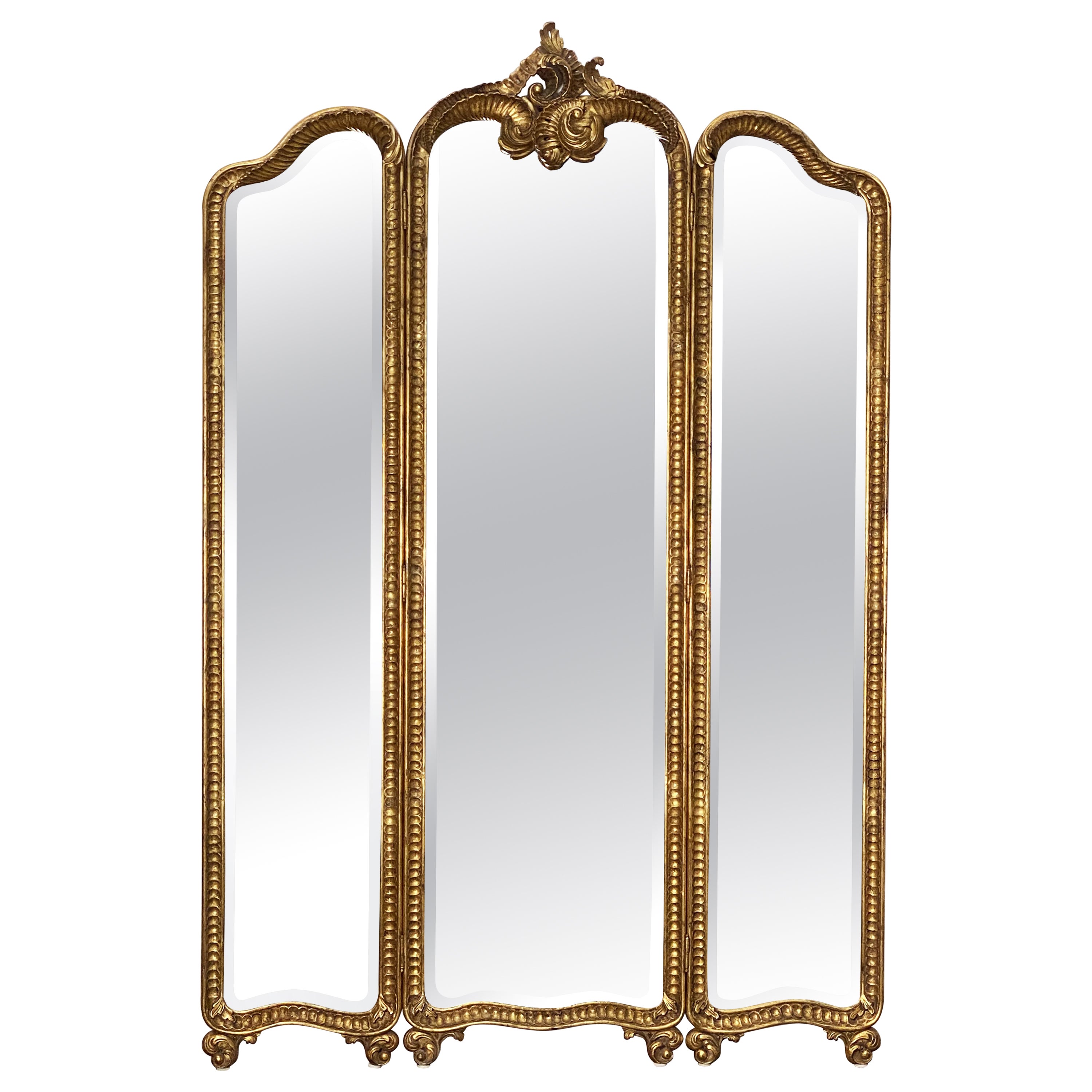 English Floor Standing Three Panel Dressing Mirror with Gilded Frame (H 82 1/4)