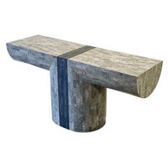 Post Modern Console "Tee" Table in Tessellated Stone and Brass After J Wade Beam