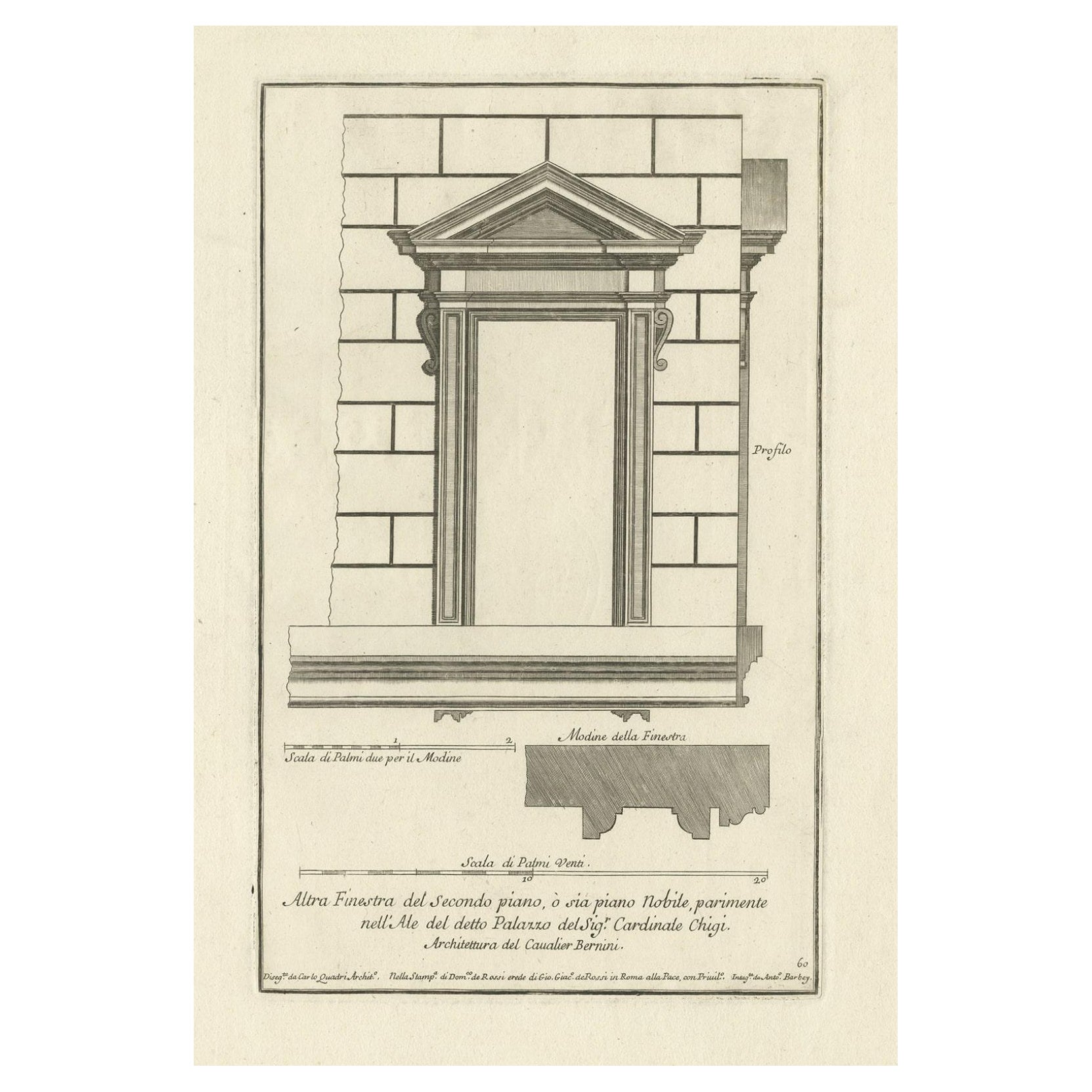Alte architektonische Gravur eines Fensters des Palazzo Chigi in Rom, um 1710