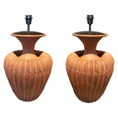 Pair of 1970s Spanish Terracotta Earthenware Ceramic Table Lamp Stands