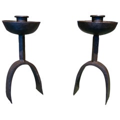 Pair of Mid-20th Century Spanish Wrought Iron Sconce Pricket Stick Candlestands
