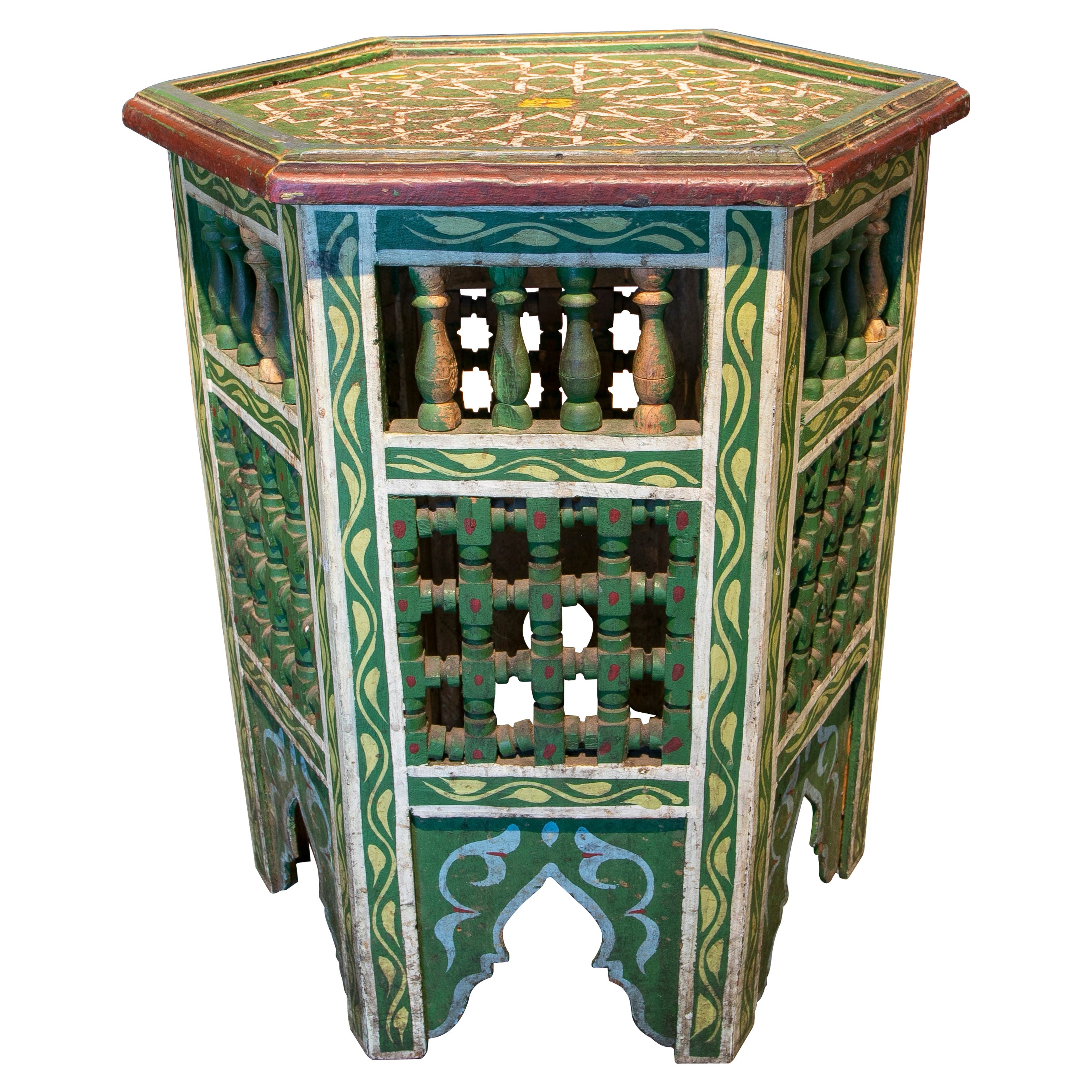 Mid-20th Century Moroccan Hand Painted Hexagonal Wooden Pedestal Table