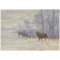 Antique Deer Painting with Fog and Snow, Oil on Canvas, John Lewis Schonborn