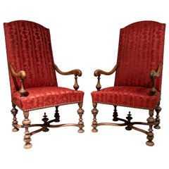 Pair of Early 20th Century English Tall Back Nailhead Trim Upholstered Armchairs