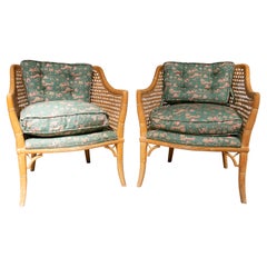 Pair of 1970s Spanish Faux Bamboo Wooden Upholstered Armchairs w/ Cushions