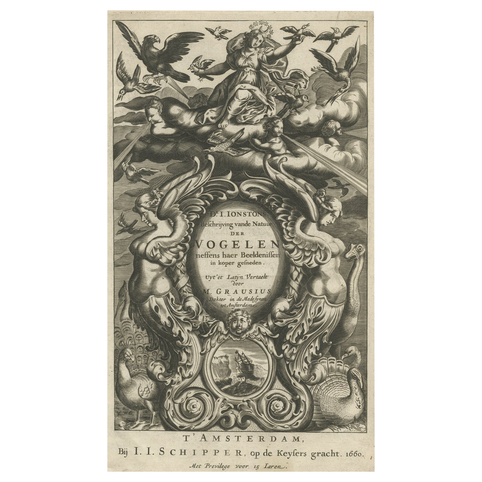 Antique Decorative Frontispiece of Putti and Birds, 1660