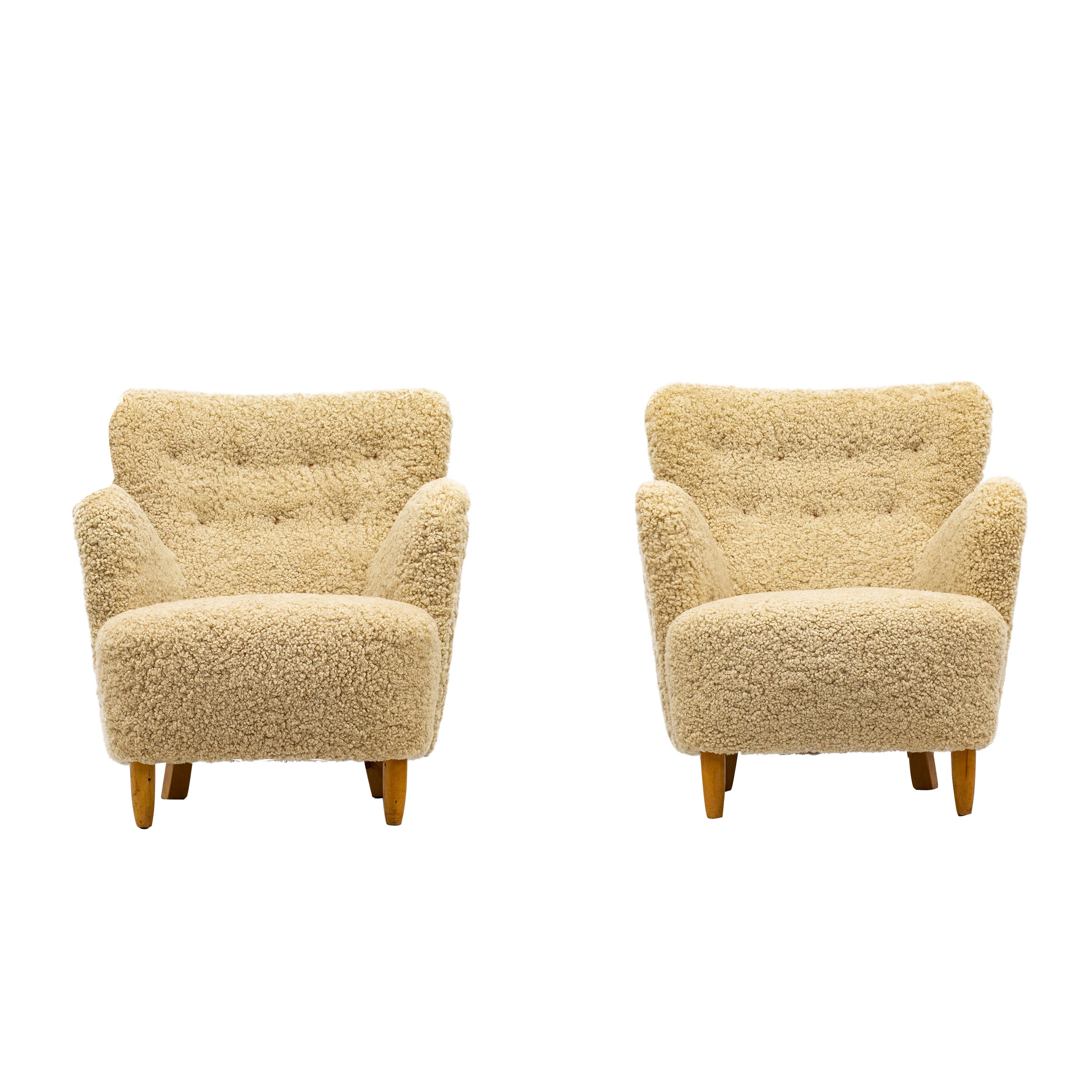 Pair of Organic Danish Modern Sheepskin Lounge Chairs, 1940s