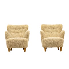 Pair of Organic Danish Modern Sheepskin Lounge Chairs, 1940s
