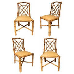 Set of Four 1970s English Bamboo Chairs w/ Fabric Upholstered Seats