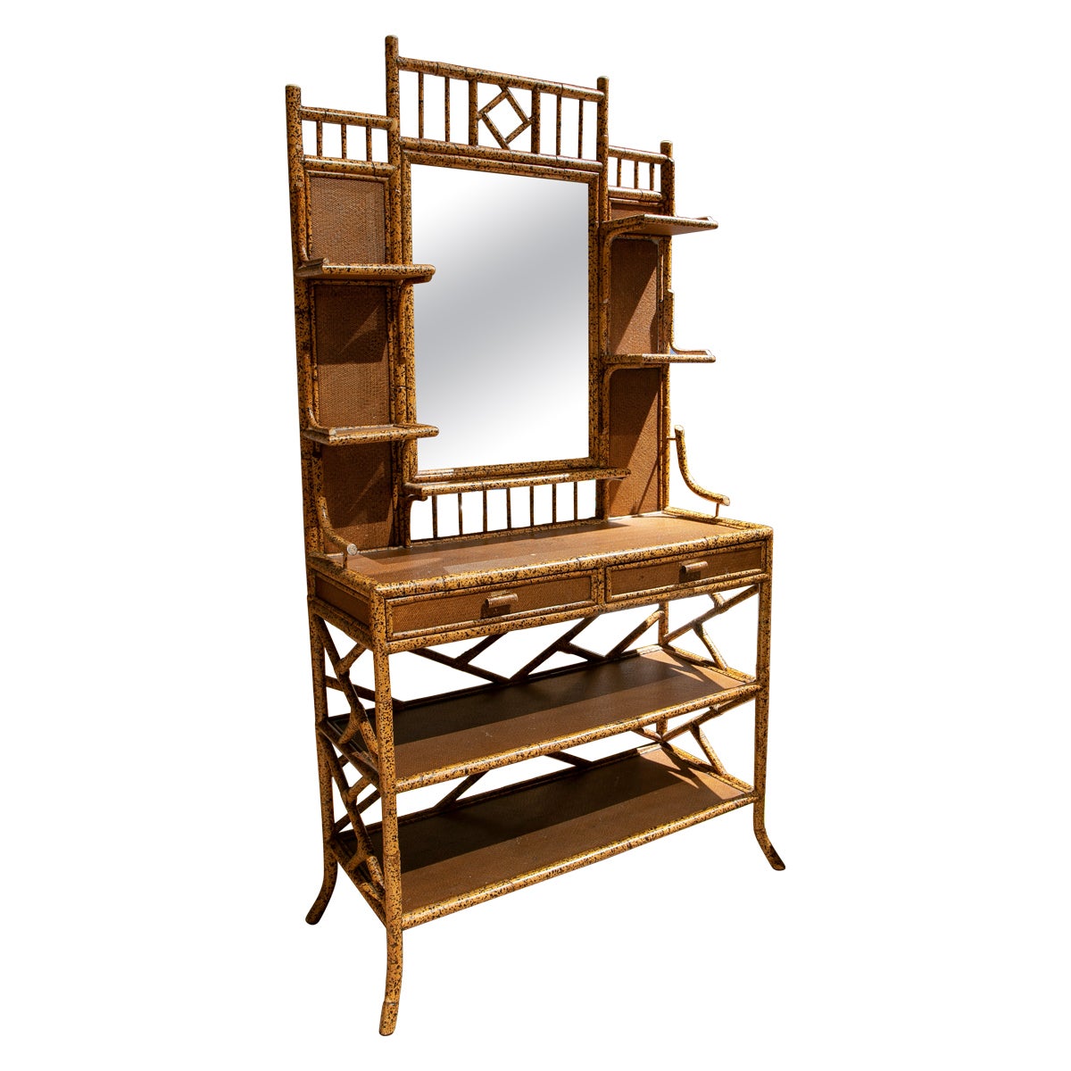 1970s English Bamboo & Woven Wicker Chinoiserie Style Mirrored Dressing Table
