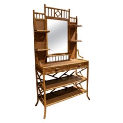 Vintage 1970s English Bamboo & Woven Wicker Chinoiserie Style Mirrored Dressing Table