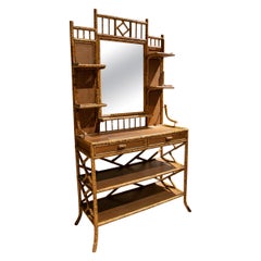 1970s English Bamboo & Woven Wicker Chinoiserie Style Mirrored Dressing Table