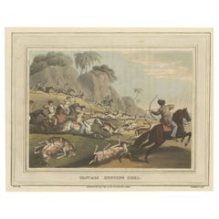 Decorative Hand-Colored Antique Print of Tartars Hunting Deer in Russia, 1813 