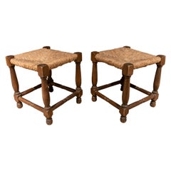 Pair of 1970s Spanish Wooden Stools w/ Woven Bulrush Seats