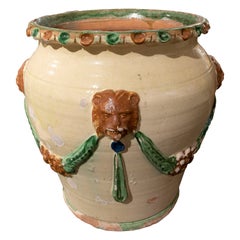 Vintage 1950s Spanish Málaga Ceramic Painted Pot w/ Flower Garlands & Lion Heads
