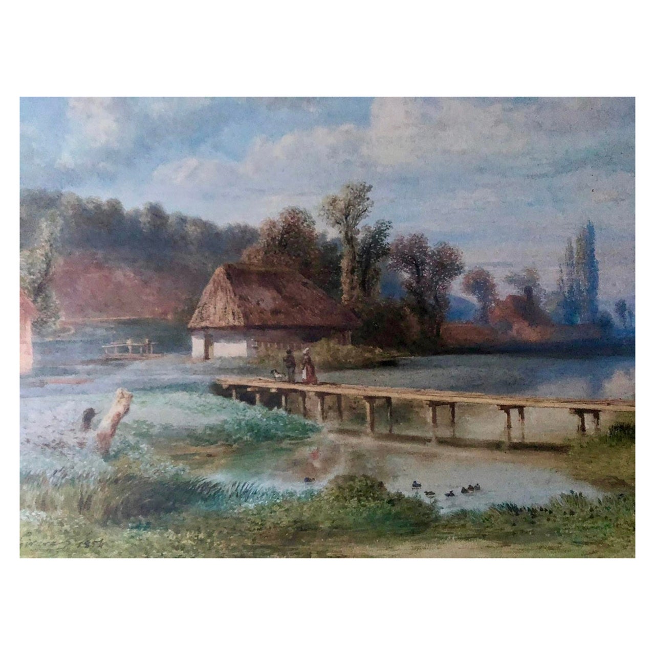 Aquarelle - Paysage de campagne de Pierre Girard, 1854, France