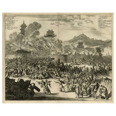Grabado Antiguo Original del Asesinato del Emperador Cubo en Kioto, Japón, 1669