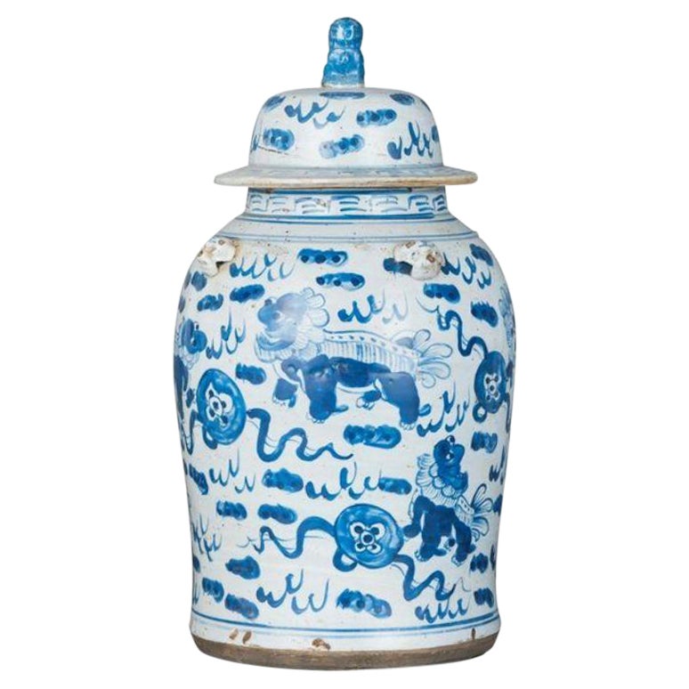 Vintage Porcelain Temple Jar Lion Motif, Small For Sale