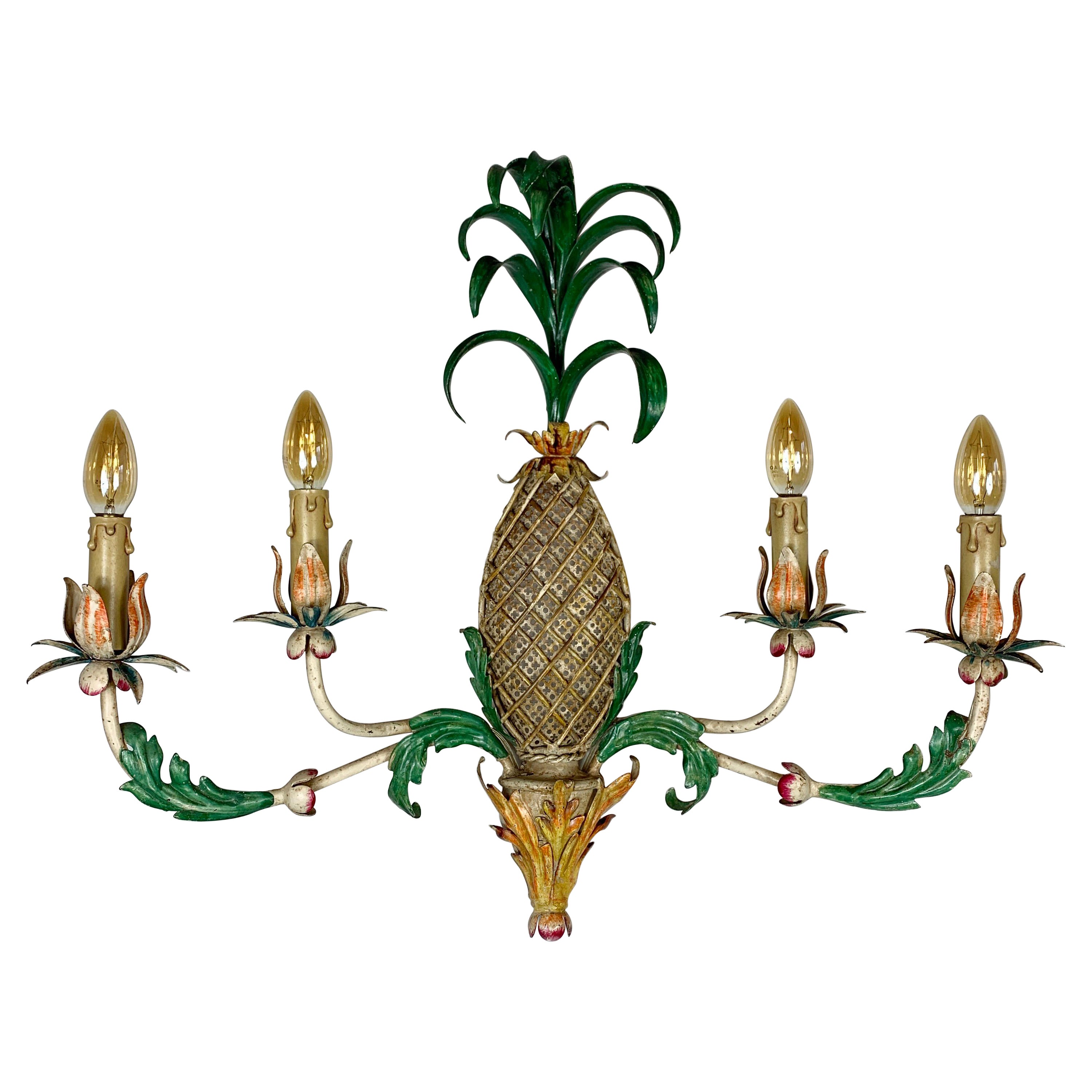 Large 1940's Green and Yellow Toleware Pineapple Wall Light For Sale