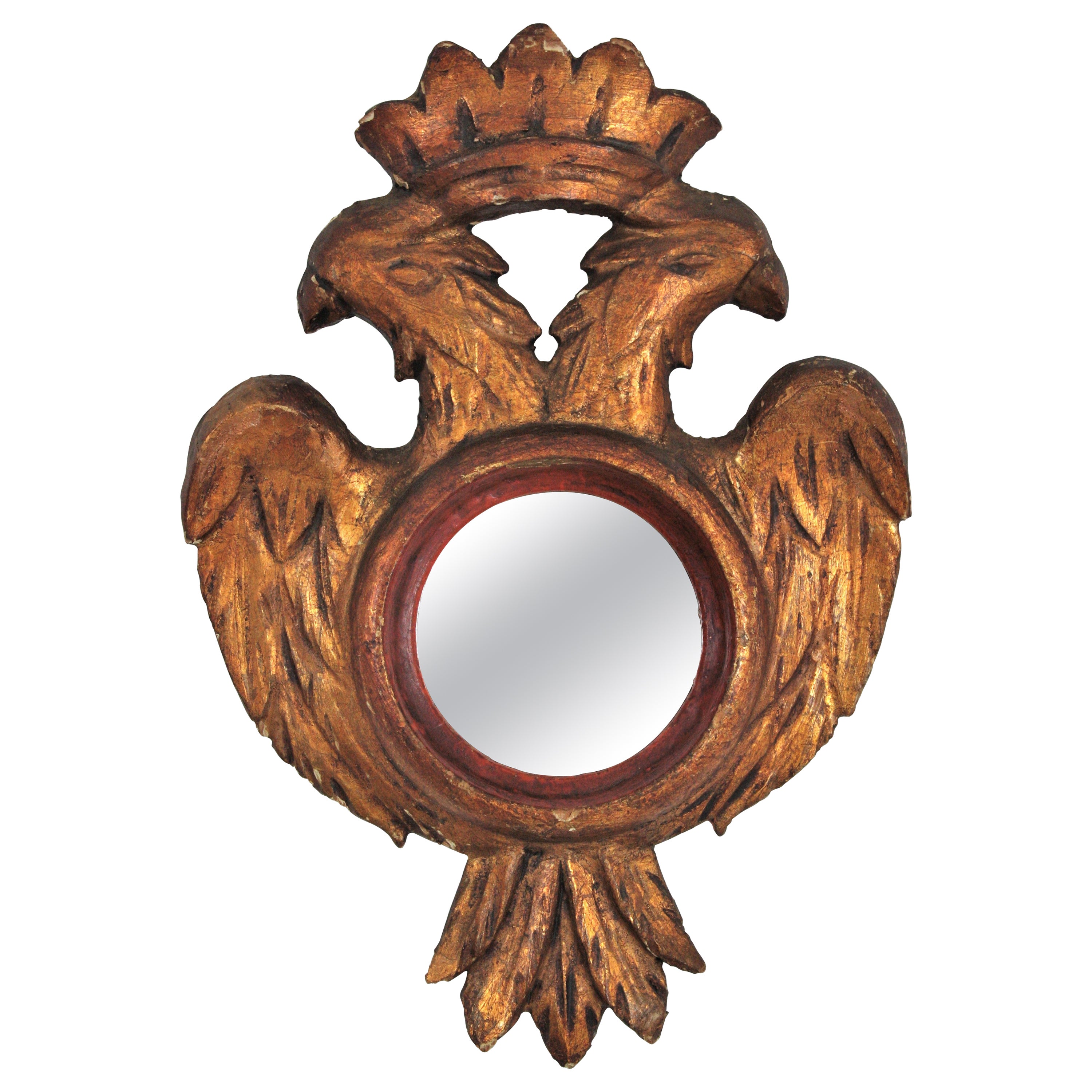 Spanischer geschnitzter doppelköpfiger Adler-Mini-Spiegel aus Holz, Spanisch im Angebot