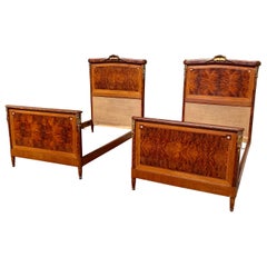 Louis XVI Style, Pair of Beds in Amboyna Burl and Bronze, 20th Century