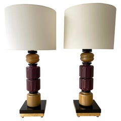 Contemporary Pair of Brass Murano Glass Totem Lamps, Italy