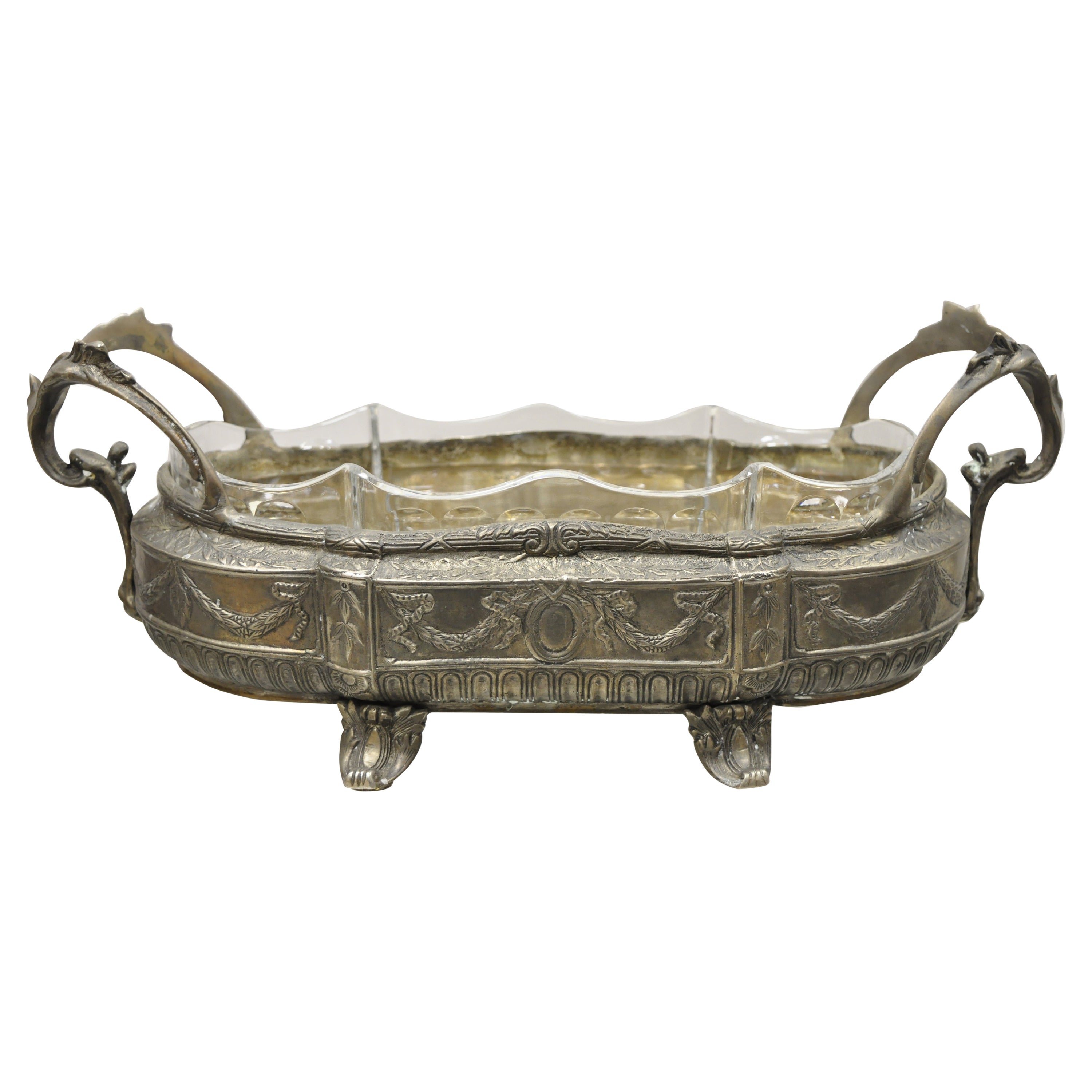 Nickel Silverplate French Louis XVI Centerpiece Bowl Dish Planter Drape Design For Sale