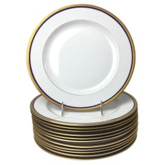 Vintage Set of 12 Royal Bayreuth China Dinner Plates White with Cobalt and Gilt Borders