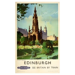 Original Vintage Poster Edinburgh British Railways Train Travel Scott Monument